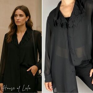 Vintage black sheer leaf collar oversized top.